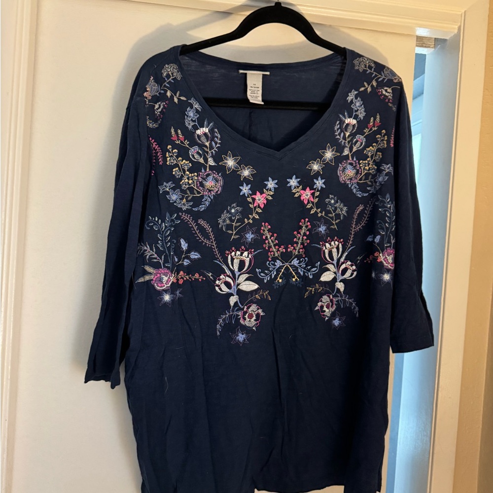 Catherines Navy Floral Embroidered Blouse